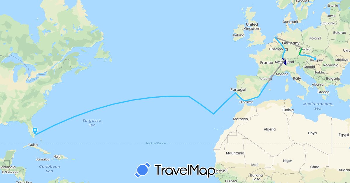 TravelMap itinerary: driving, bus, plane, boat in Austria, Switzerland, Czech Republic, Germany, Spain, France, Hungary, Netherlands, Portugal, Slovakia, United States (Europe, North America)
